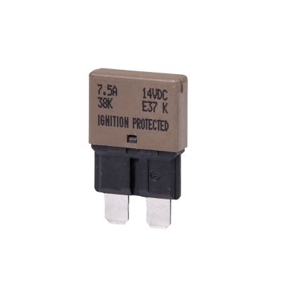 Brown blade-style auto reset circuit breaker with 7.5 Amp, 14V rating, featuring low profile ATO/ATC design.