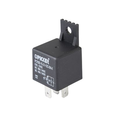 Change over relay with bracket and diode, suitable for automotive electronics, displaying model number and voltage details.