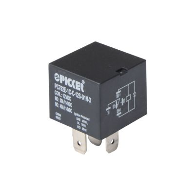 Sealed Picker relay, NC/NO change over, with diode. Black casing with product info and schematic diagram.