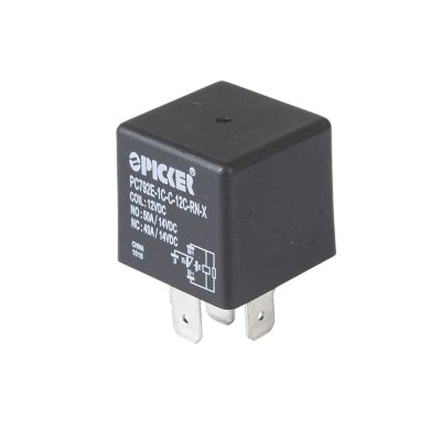 Picker PC792E relay with NC/NO changeover, visible terminals, and technical details on black casing.
