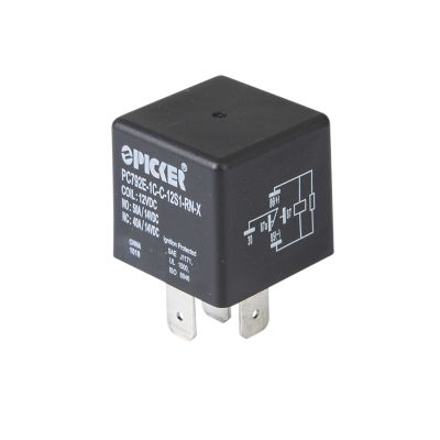 Picker relay with NC/NO functionality, flux tight design, and resistor. Rated 40/50A, 12VDC. Black casing with diagrams.