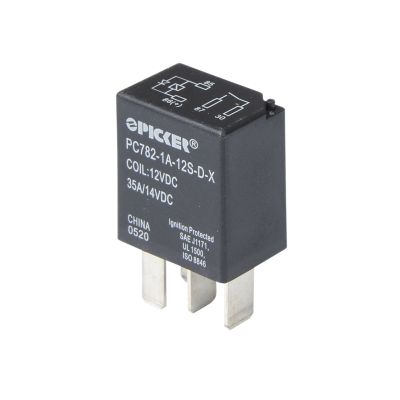 Sealed ISO micro relay with diode, Picker PC782-1A-12S-D-X, 35A 12VDC, black casing with silver connectors.