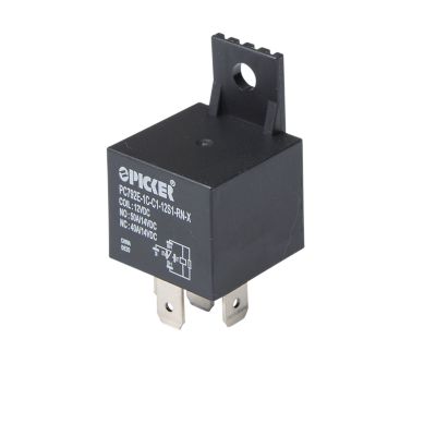 Black Picker relay model PC792E-1C-C1-12S1-RN-X with bracket, resistor, and metallic prongs, labeled with specifications.