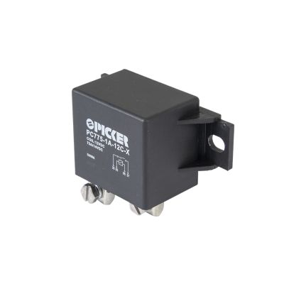 Black NO Picker Relay with printed specifications, featuring mounting bracket and terminals for electrical connections.