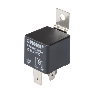 Picker NO relay with steel bracket, 80A, 12VDC, black casing, multiple terminals, suitable for electrical applications.