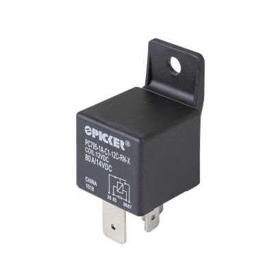 Black Picker relay PC795-1A-C-12C-RN-X, showcasing load terminals, resistor, 80A and 12VDC specifications.