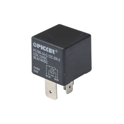 Black Picker relay PC795-1A-C-12C-DN-X, 80A, 12VDC, visible terminals, and labeled details.
