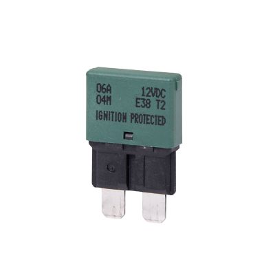 Moss green blade-style circuit breaker, low profile ATO/ATC, 6 Amp, ideal for automotive electrical systems.