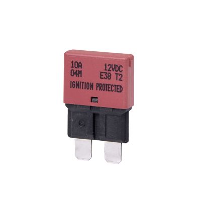 Red, blade style circuit breaker labeled "10A, 12VDC, Ignition Protected," low profile design for automotive use.