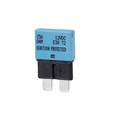 Blue blade-style ATO/ATC circuit breaker, 15 Amp, 14V, featuring ignition protection.