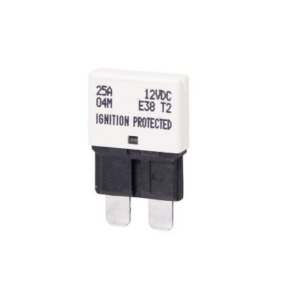 White 25 Amp low profile blade circuit breaker with ignition protection for 14V systems.