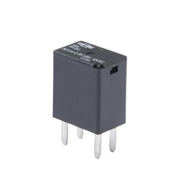 Micro ISO-280 relay with 4 metal prongs, black casing, and printed labeling, designed for automotive applications.