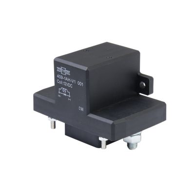 High power automotive relay, Song Chuan 409-1AH-V1-001, with diode, 12VDC, sleek black design, shows coil and connection icons.