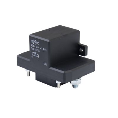 High power Song Chuan automotive relay with diode, black casing, side mounting, labeled 409-1AH-V1-001, 24VDC, 200A.