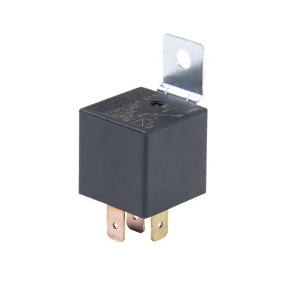 Mini ISO relay with steel bracket and resistor, featuring a black casing and metal prongs; ideal for automotive use.