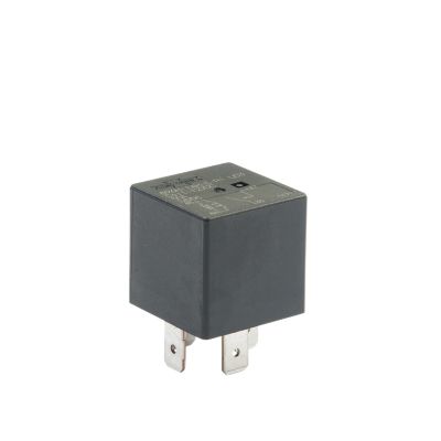 Song Chuan black mini ISO relay, 4 metal pins, flux tight design with resistor, model detailing on top surface.