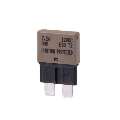 Blade-style brown circuit breaker, low profile, 7.5A, 14V, with ignition protection markings.