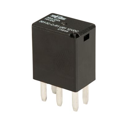 Micro ISO-280 relay, black casing, four metal pins, with resistor. Suitable for automotive and electronic applications.