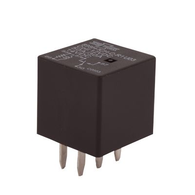 Mini ISO-280 relay, black casing, showing electrical pins and component details, suitable for 12V DC applications.