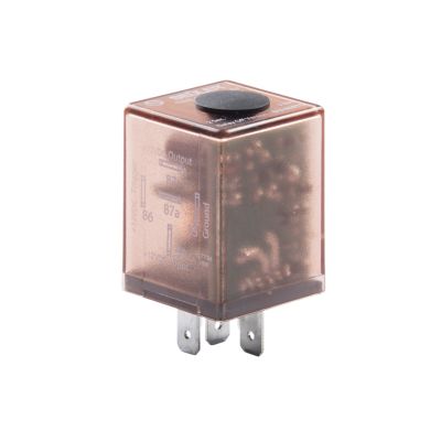 Black Accele Electronics BU509TD relay with prongs, featuring adjustable time delay, suitable for 12VDC applications.