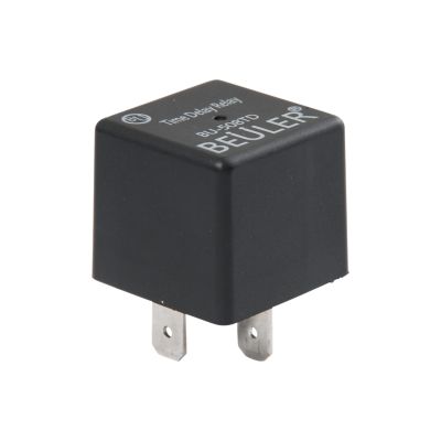 Black Accele Electronics BU509TD relay with prongs, featuring adjustable time delay, suitable for 12VDC applications.