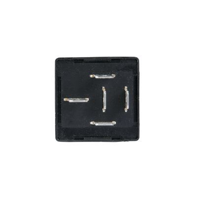 Black Hella 12V DC time delay relay with five metal pins on a square base.