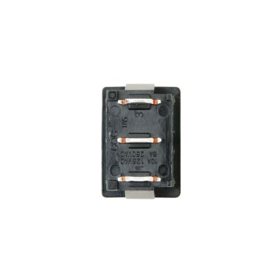 Black non-illuminated SPDT mini rocker switch with visible contacts on a white background.