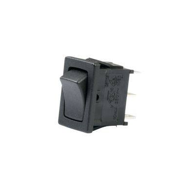 SPDT On-Off-On mini rocker switch with black casing and silver terminals, designed for compact electronics and control panels.
