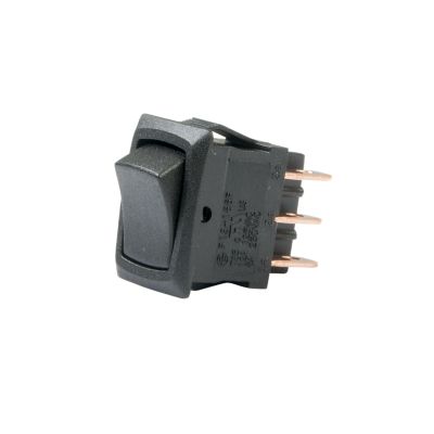 DPDT On-Off-On mini rocker switch with a black casing and copper pins, ideal for versatile electrical applications.