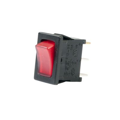 Red illuminated SPST On-Off mini rocker switch, DC rated, perfect for electrical applications.