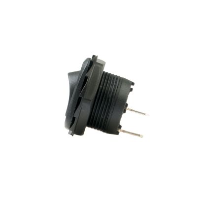 Non-illuminated SPST rocker switch with a square design and round hole, shown from side view highlighting terminals.