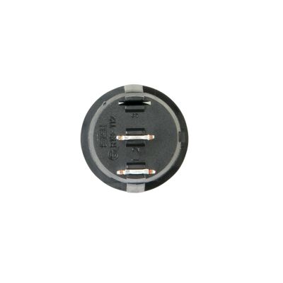 Round non-illuminated SPST rocker switch, showing back view with terminal connectors for electronic applications.