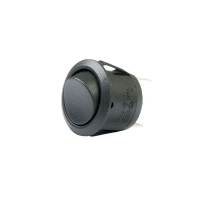 Mini round rocker switch, black SPDT design, with On-Off-On positions, shown at an angle on a white background.