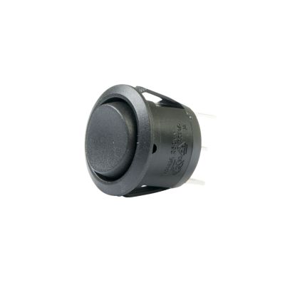 Black SPDT mini round rocker switch with an On-Off-On configuration, featuring a compact and ergonomic design.