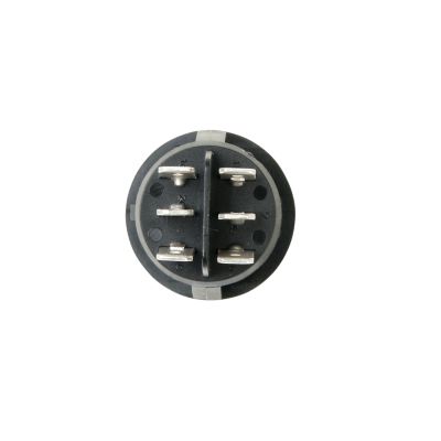 Round DPDT rocker switch with visible terminal connectors, showcasing a non-illuminated design for electronic applications.