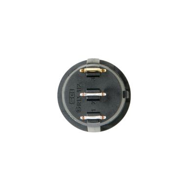 Illuminated SPST round rocker switch, rear view showing metal terminals and circular design for DC applications.