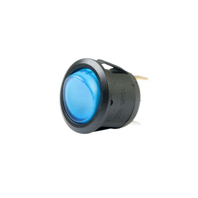 Blue illuminated mini round rocker switch, SPST On-Off, suitable for DC applications.