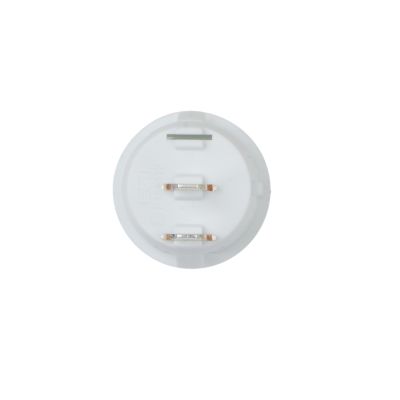 White round rocker switch, SPST design, featuring a smooth surface and metallic connectors, ideal for electronic devices.