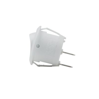 White round rocker switch SPST with a sleek design, showcasing its side profile and dual metal terminals.