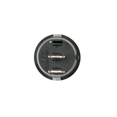 Round black non-illuminated bi-color rocker switch, SPST, with visible terminals and textured surface for easy operation.