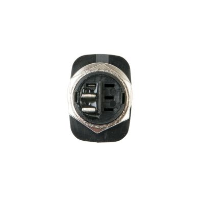 Non-illuminated rectangular rocker switch with round hole, featuring SPST design and AC rating. Black housing and silver bezel.