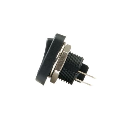 Non-illuminated rectangular rocker switch, SPST, with round hole design, displaying side view connectors and black casing.