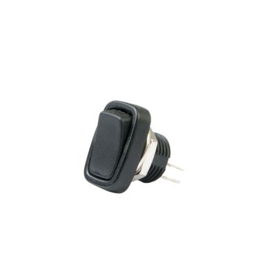Black rectangular rocker switch with a round hole design and metal pins, ideal for electronic devices.