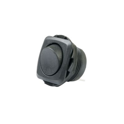 Red SPST (On)-Off round hole rocker switch with non-illuminated design and a black button.
