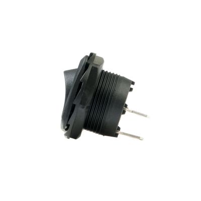 Non-illuminated square rocker switch with round hole, featuring SPST configuration and compact design.