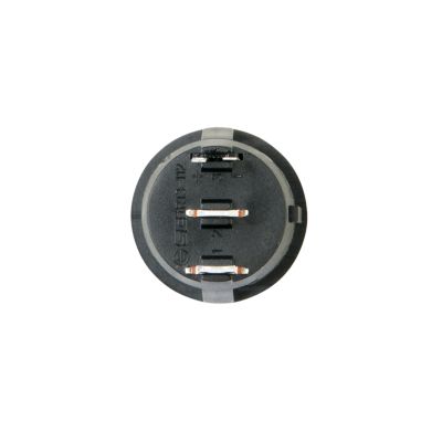 LED illuminated round rocker switch, circular design, single pole single throw, AC rated, underside view showing connectors.