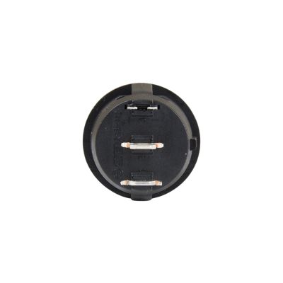 Green LED illuminated round rocker switch with three metal prongs for electrical connections, AC rated for on-off functions.