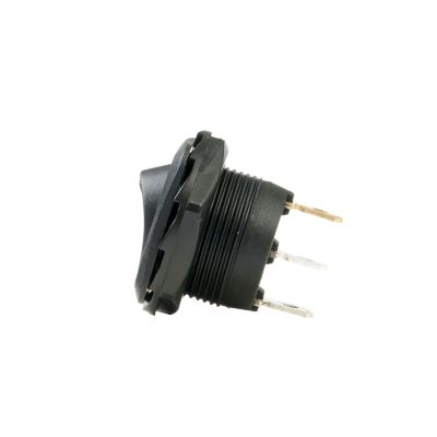 Black illuminated SPST rocker switch, round hole design, side view showing terminals, suitable for AC rated applications.