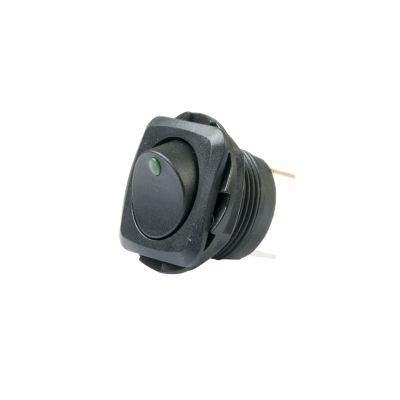 Illuminated green square rocker switch with round hole, SPST, ideal for AC applications.