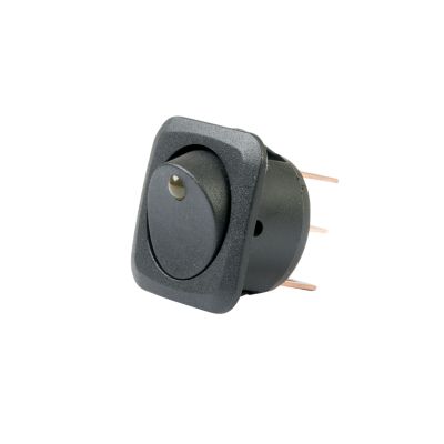 Square rocker switch with amber LED, SPST On-Off, fits round hole, DC rated, snap-in design.